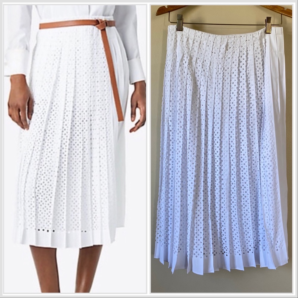 Tory Burch Carine White Pleated Laser Cut Midi Skirt